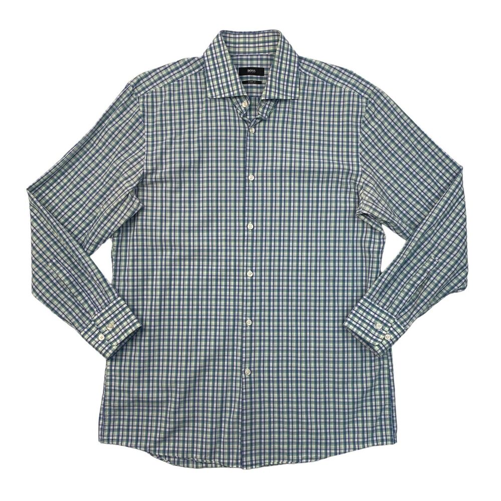 Hugo Boss Shirt Mens 16 Blue Green Slim Sharp Fit Plaid Button Up Long Sleeve